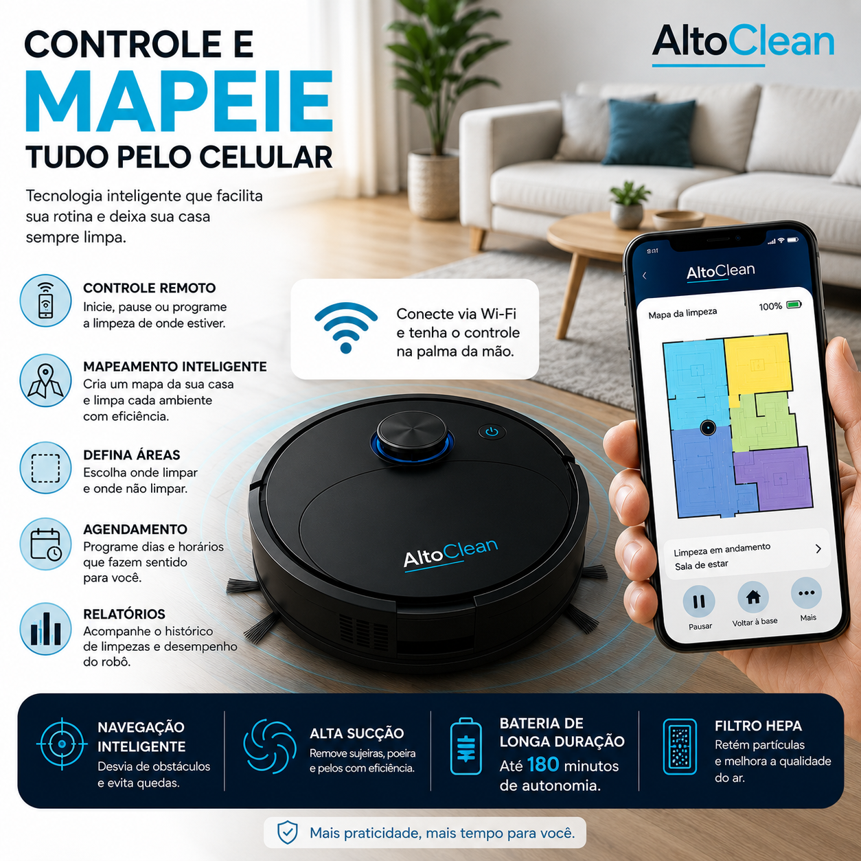 Robo aspirador - Limpeza automatica em minutos - Autonomia de 180 Minutos