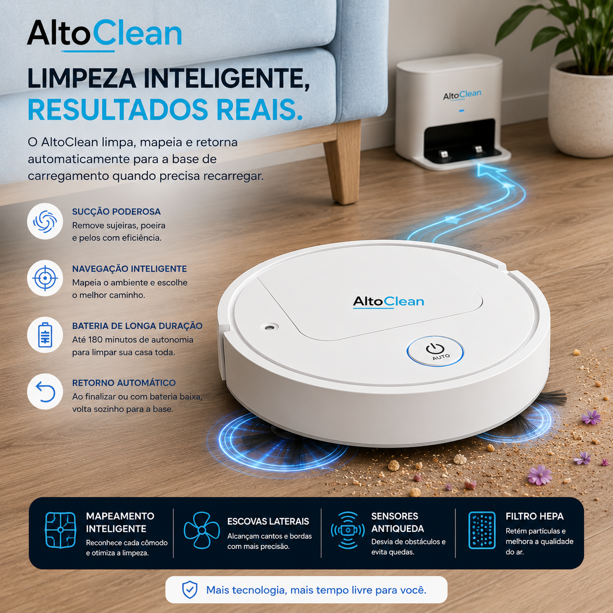 Robo aspirador - Limpeza automatica em minutos - Autonomia de 180 Minutos